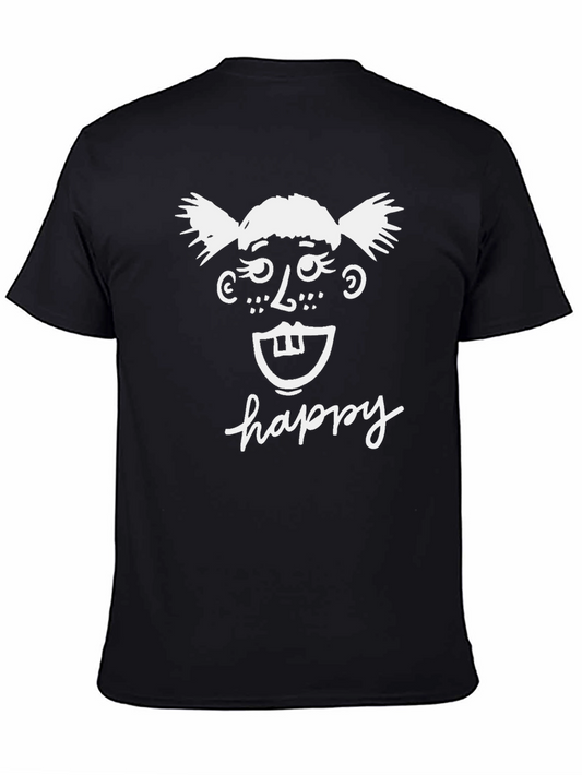 Happy Face Graphic Tee - Black Cotton T-Shirt