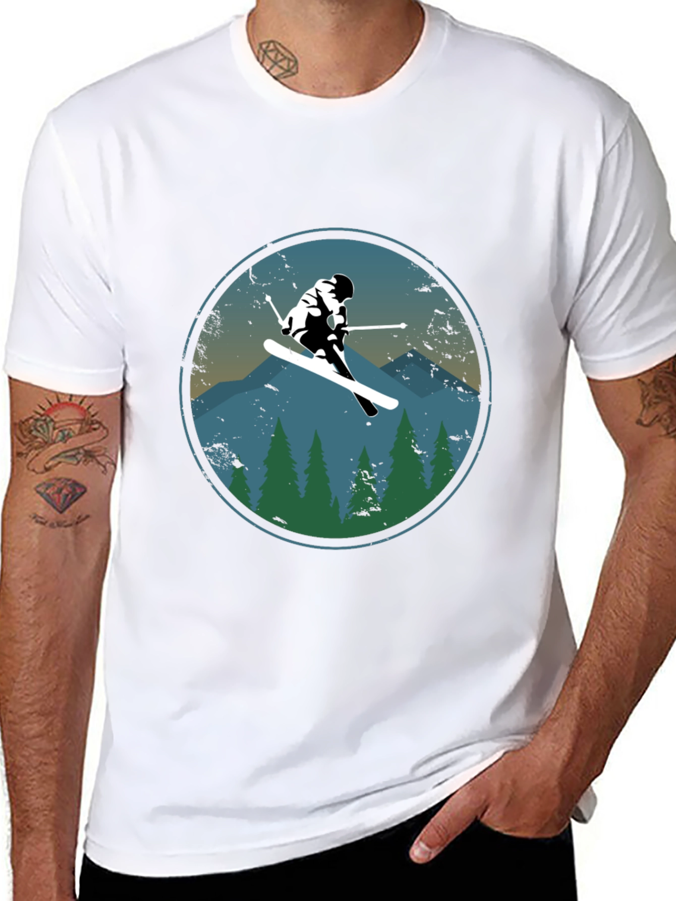 Skier T-Shirt - Mountain Scene Graphic Tee