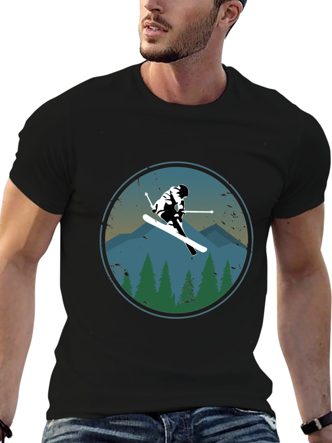 Skier T-Shirt - Mountain Scene Graphic Tee