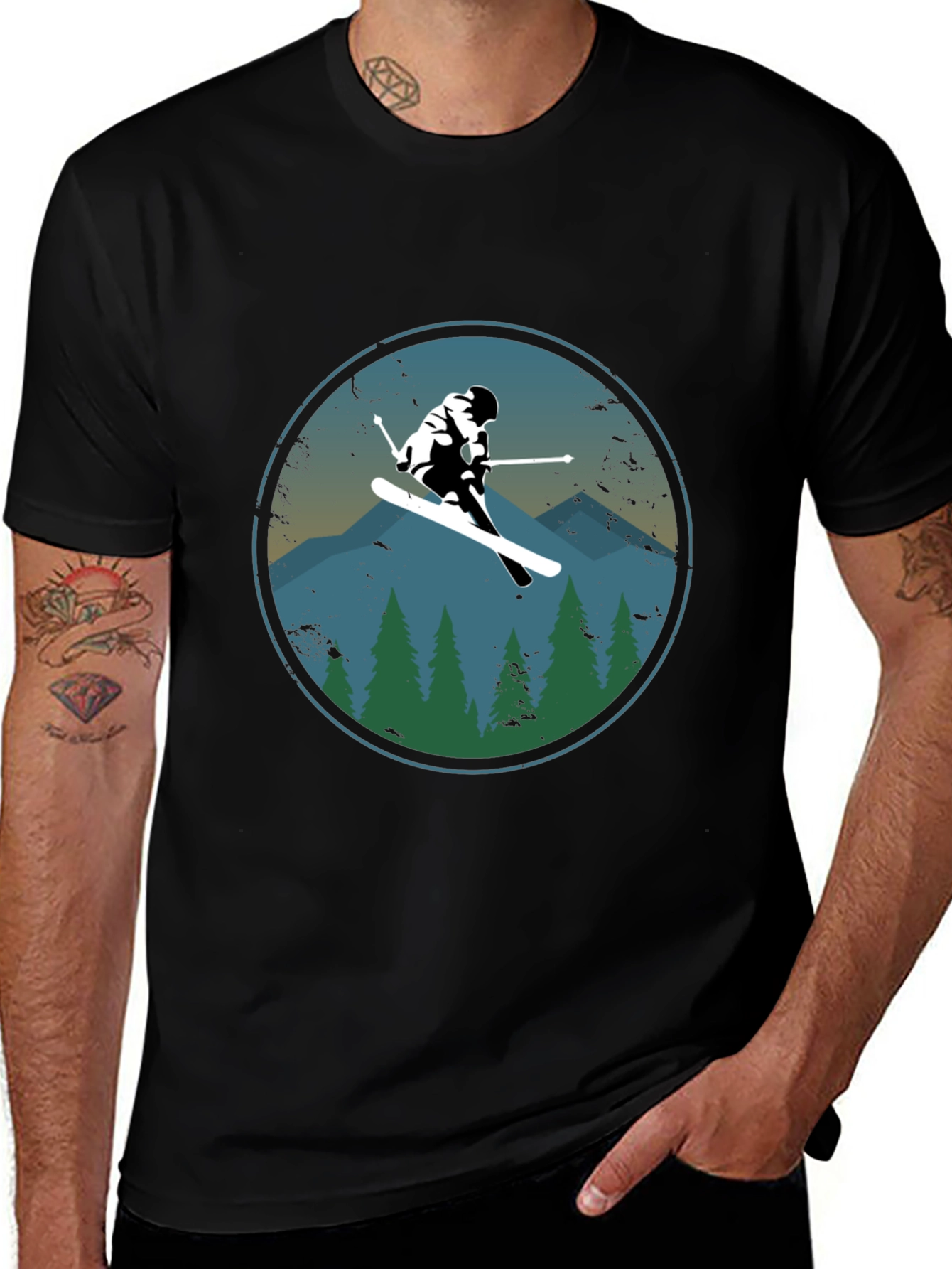 Skier T-Shirt - Mountain Scene Graphic Tee