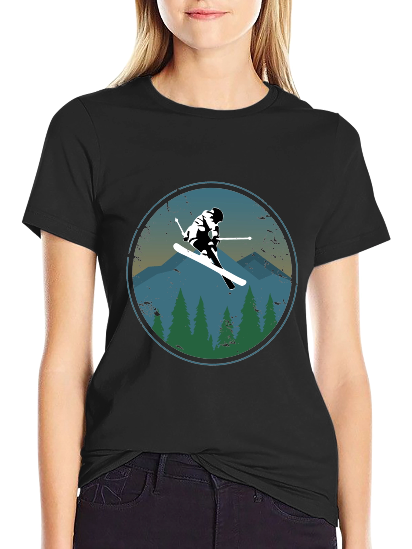 Skier T-Shirt - Mountain Scene Graphic Tee