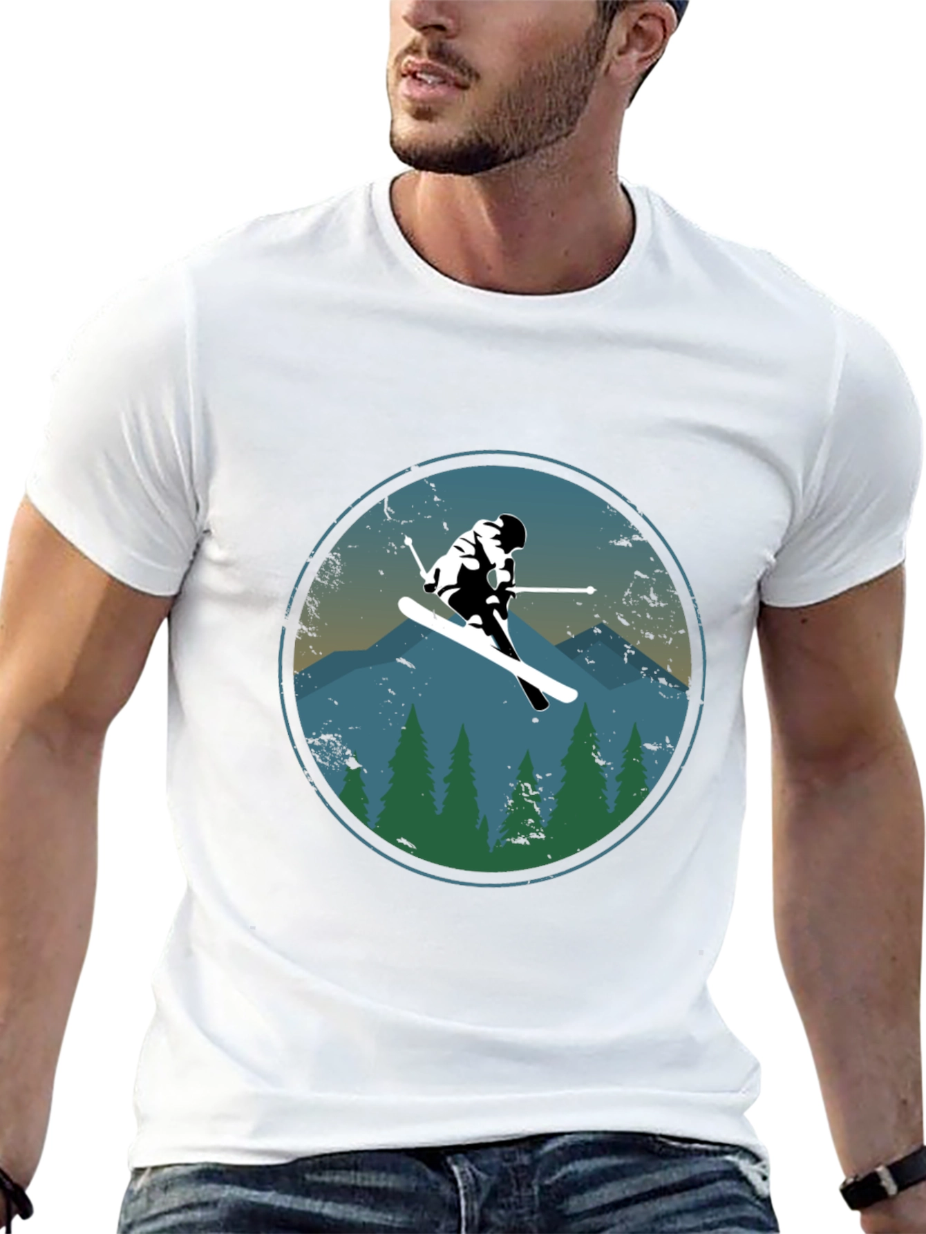 Skier T-Shirt - Mountain Scene Graphic Tee