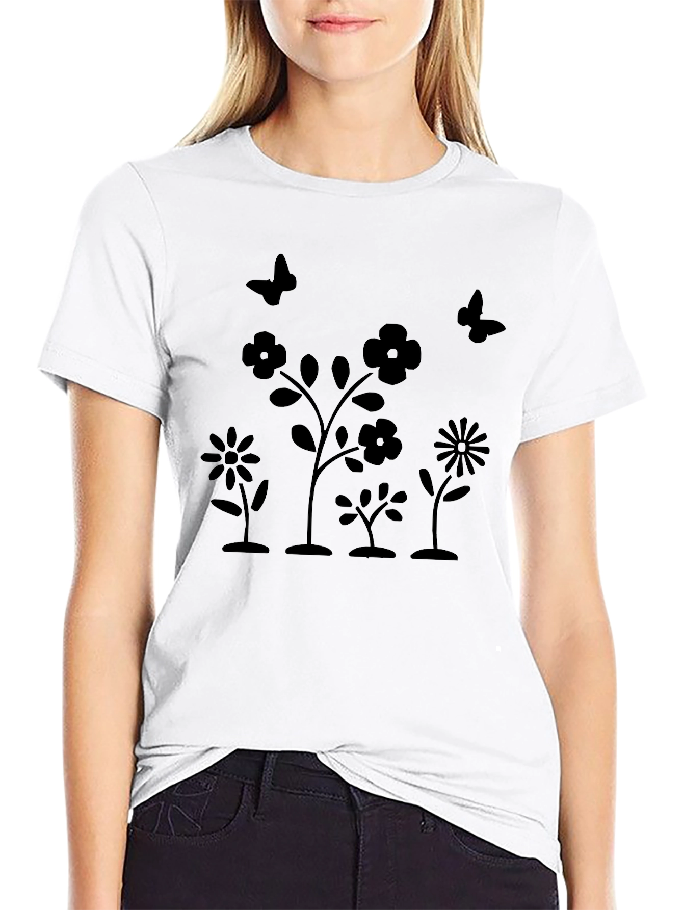 Floral Butterfly Graphic Black T-Shirt