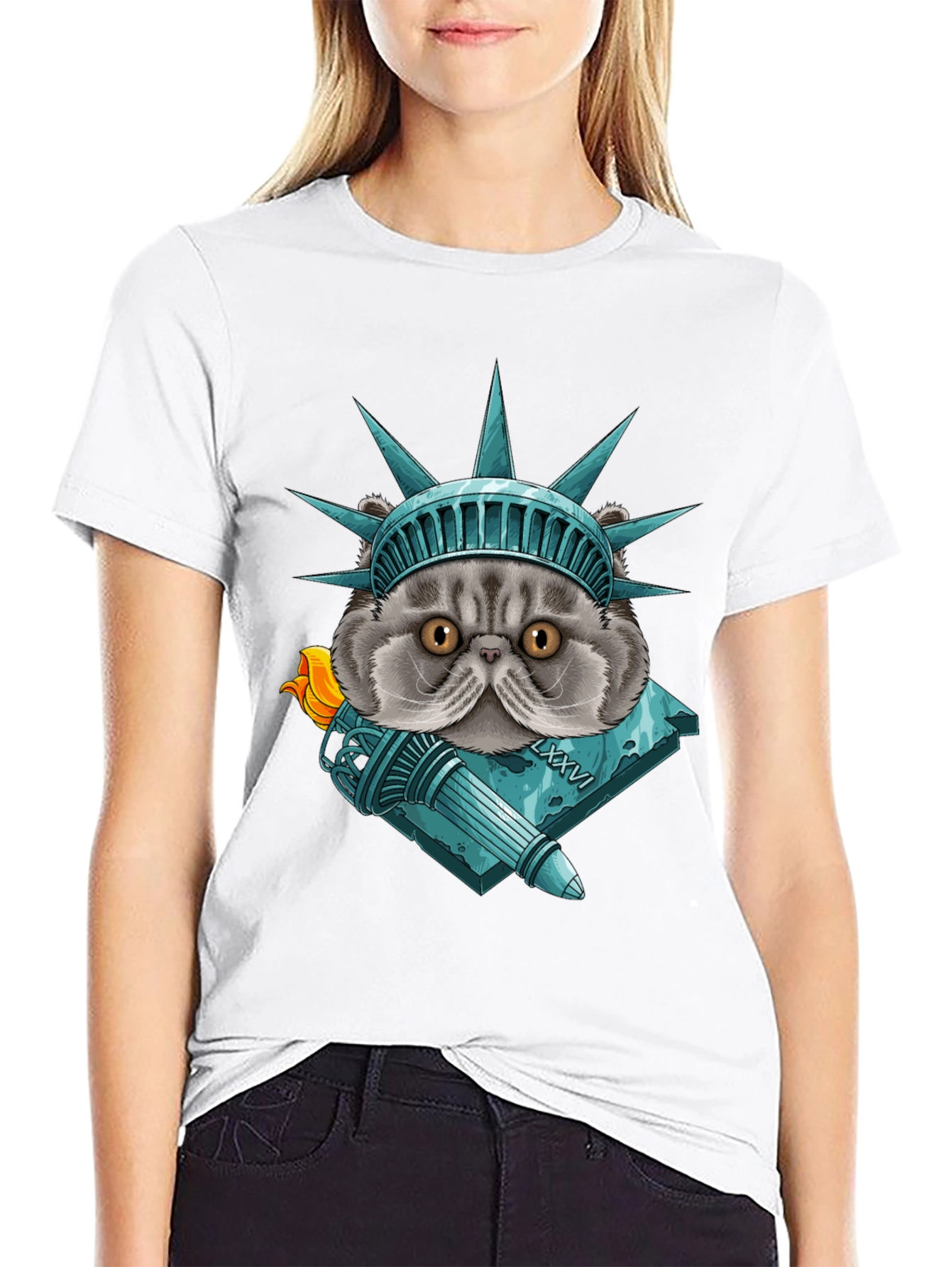 Statue of Liberty Cat Graphic T-Shirt