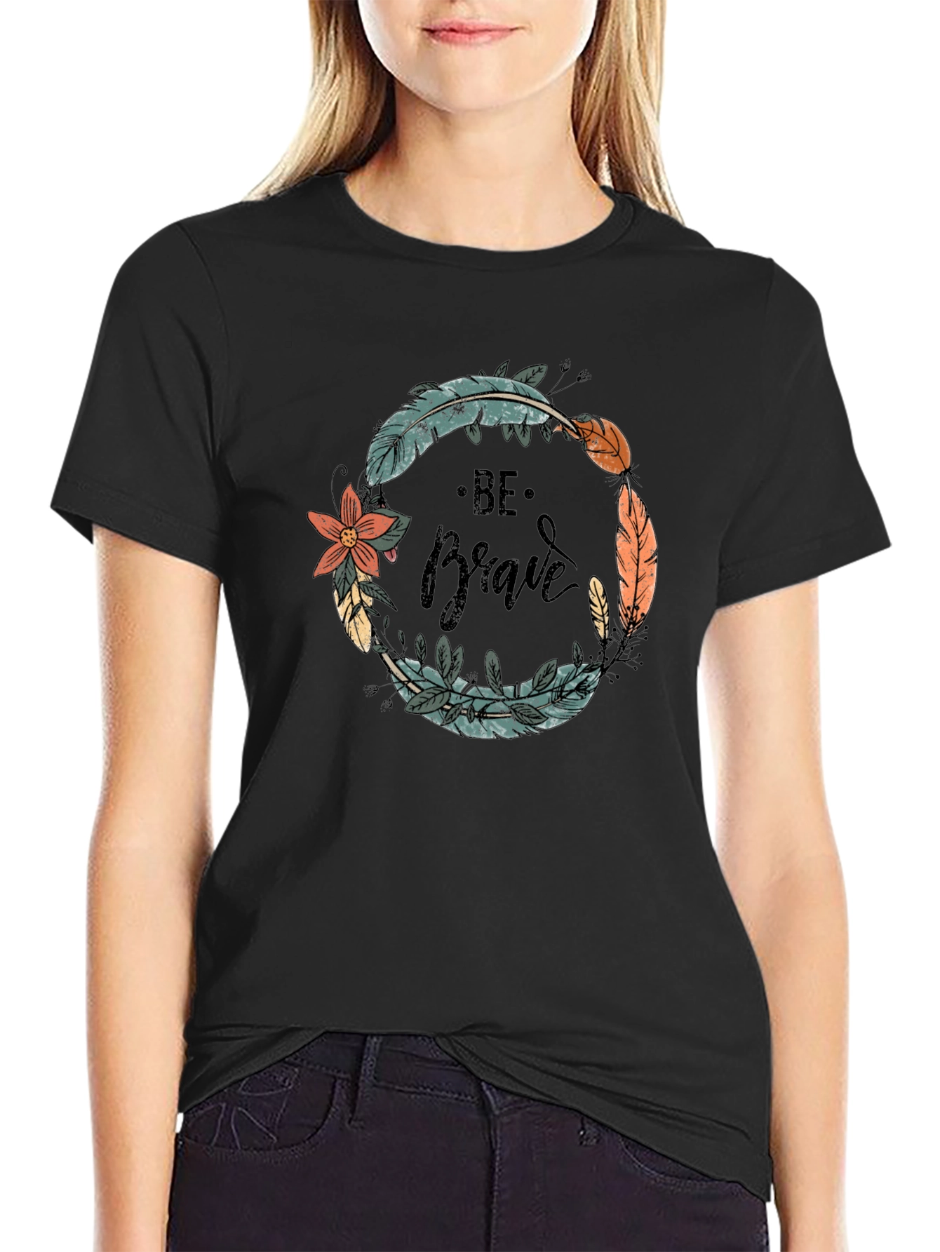 Be Brave Feather Wreath Graphic Tee - Black