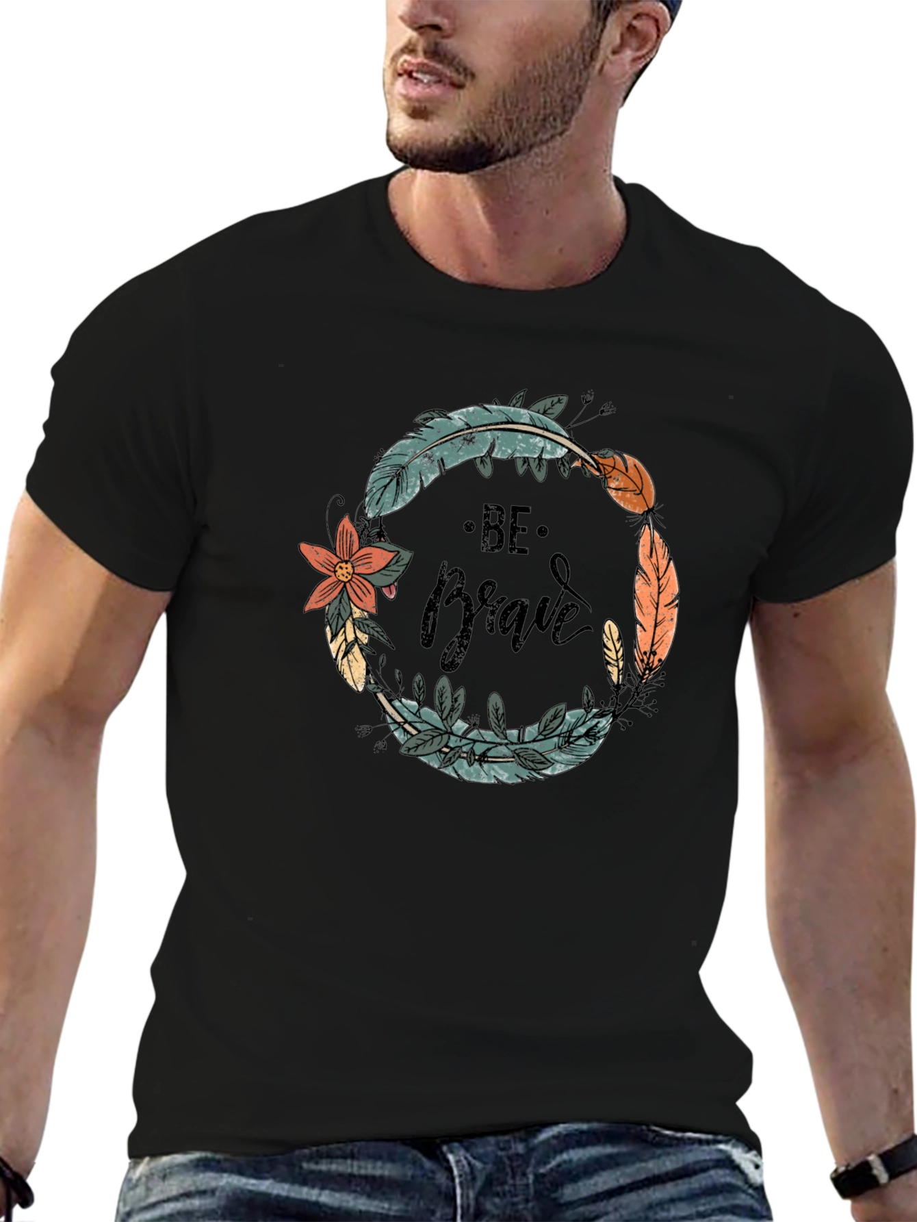 Be Brave Feather Wreath Graphic Tee - Black