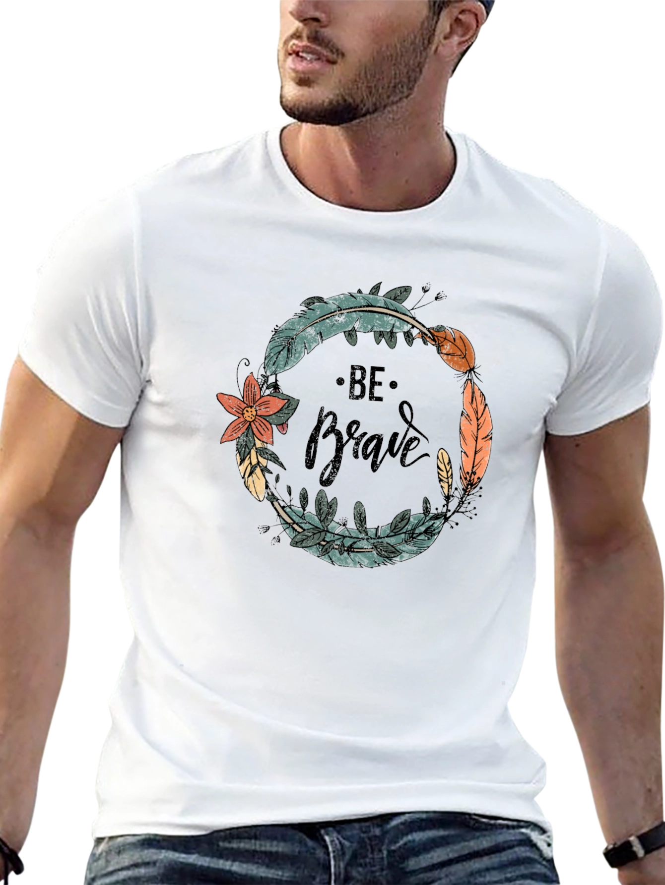 Be Brave Feather Wreath Graphic Tee - Black