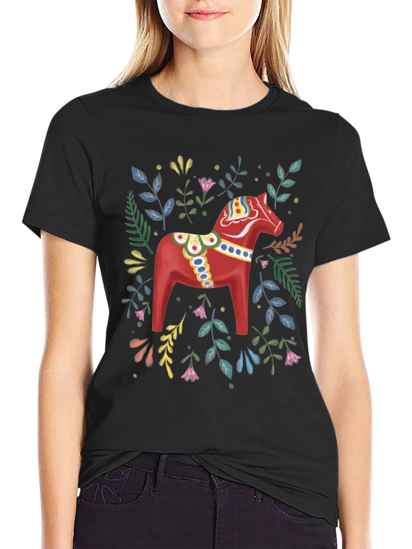 Dala Horse Graphic Tee - Black Cotton T-Shirt