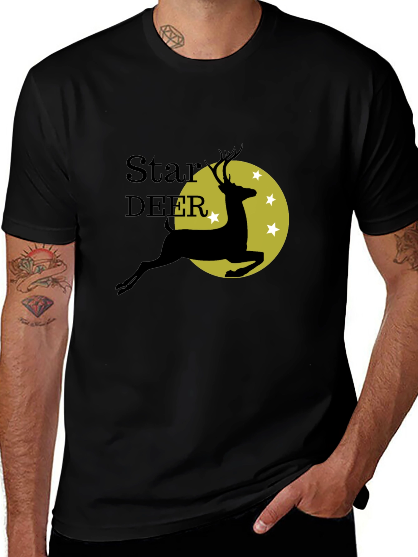 Star Deer Graphic Tee - Black Cotton Blend
