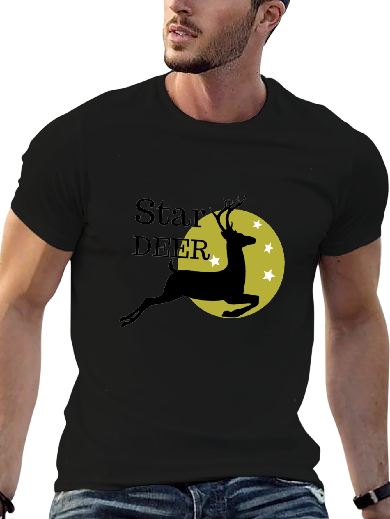 Star Deer Graphic Tee - Black Cotton Blend