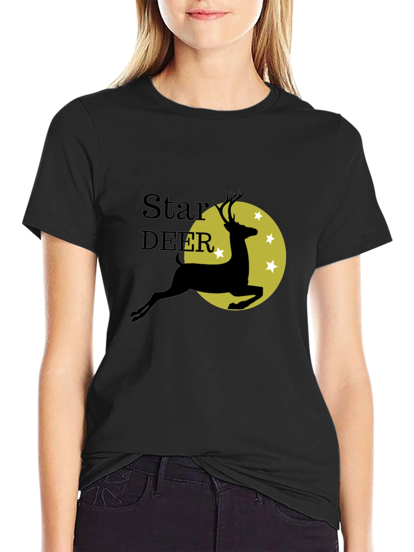 Star Deer Graphic Tee - Black Cotton Blend