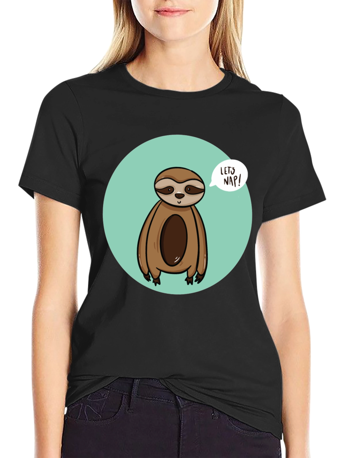 Cute Sloth Lets Nap Black T-Shirt