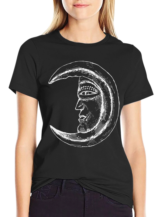 Crescent Moon Face Graphic Tee - Black Cotton T-Shirt