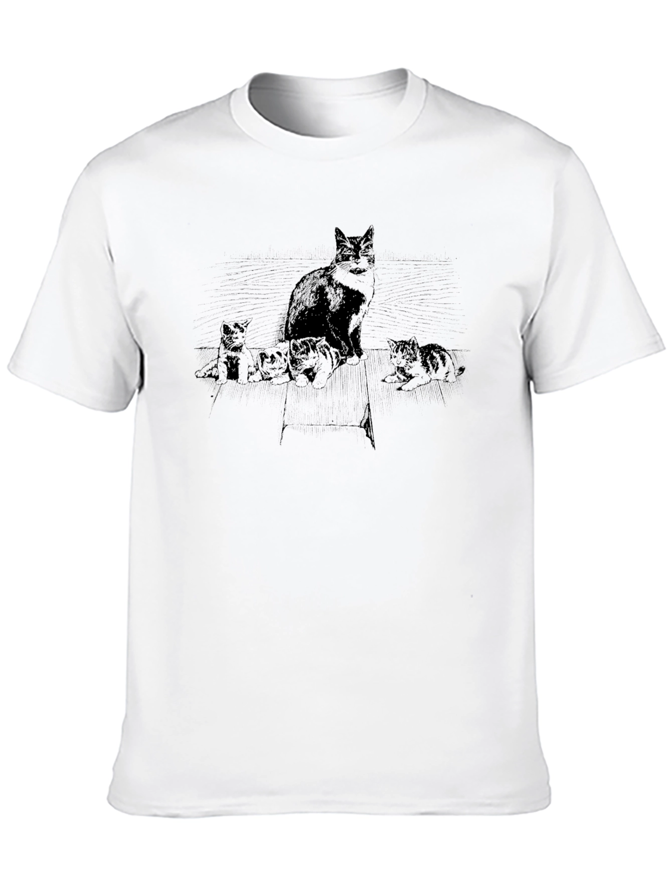 Cat & Kittens Graphic Tee - Black Cotton T-Shirt