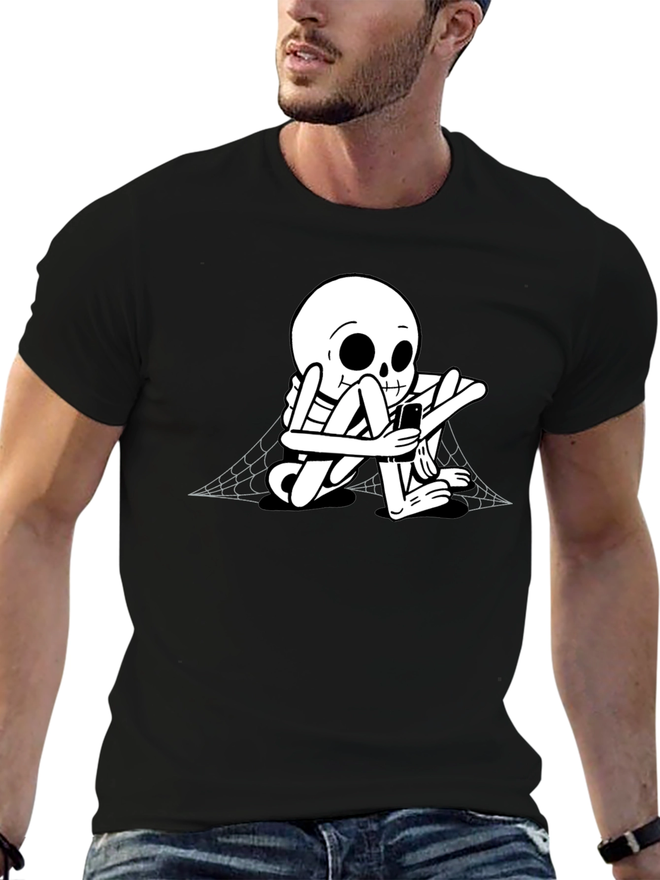 Skeleton on Phone Black Graphic Tee