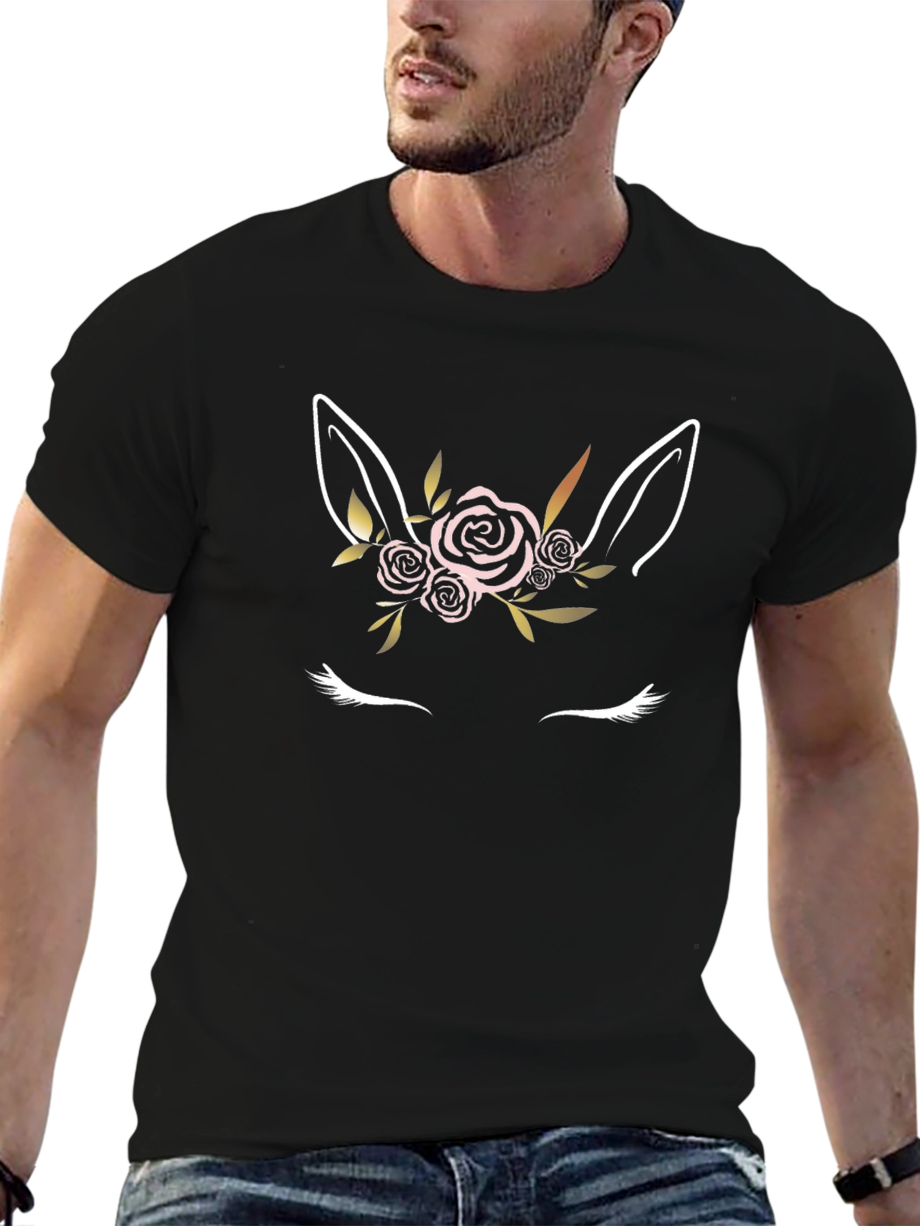 Floral Unicorn Graphic Black T-Shirt