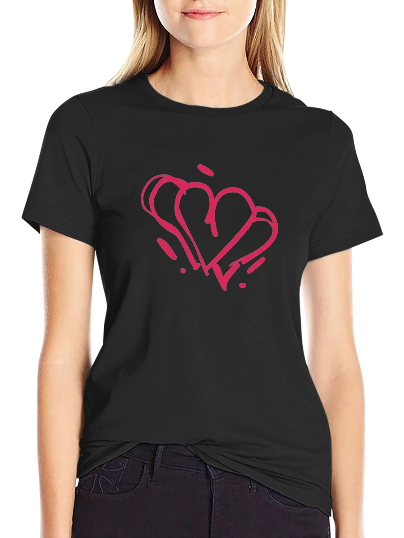 Black T-Shirt with Pink Heart Graphic