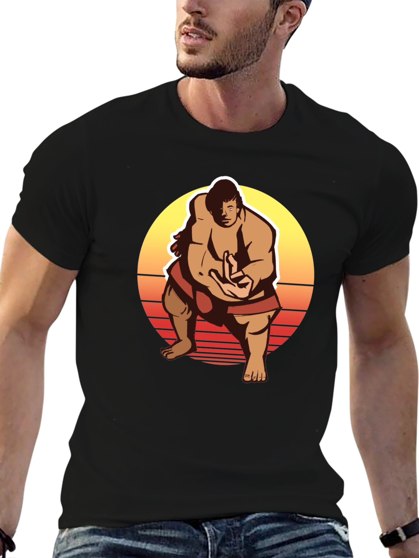 Retro Sumo Wrestler Graphic Tee - Black T-Shirt