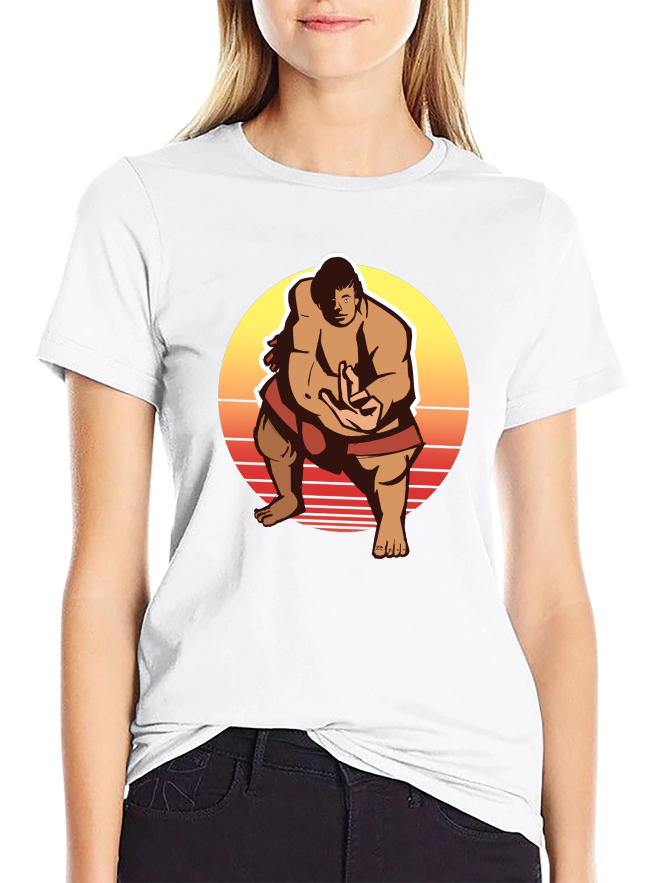 Retro Sumo Wrestler Graphic Tee - Black T-Shirt