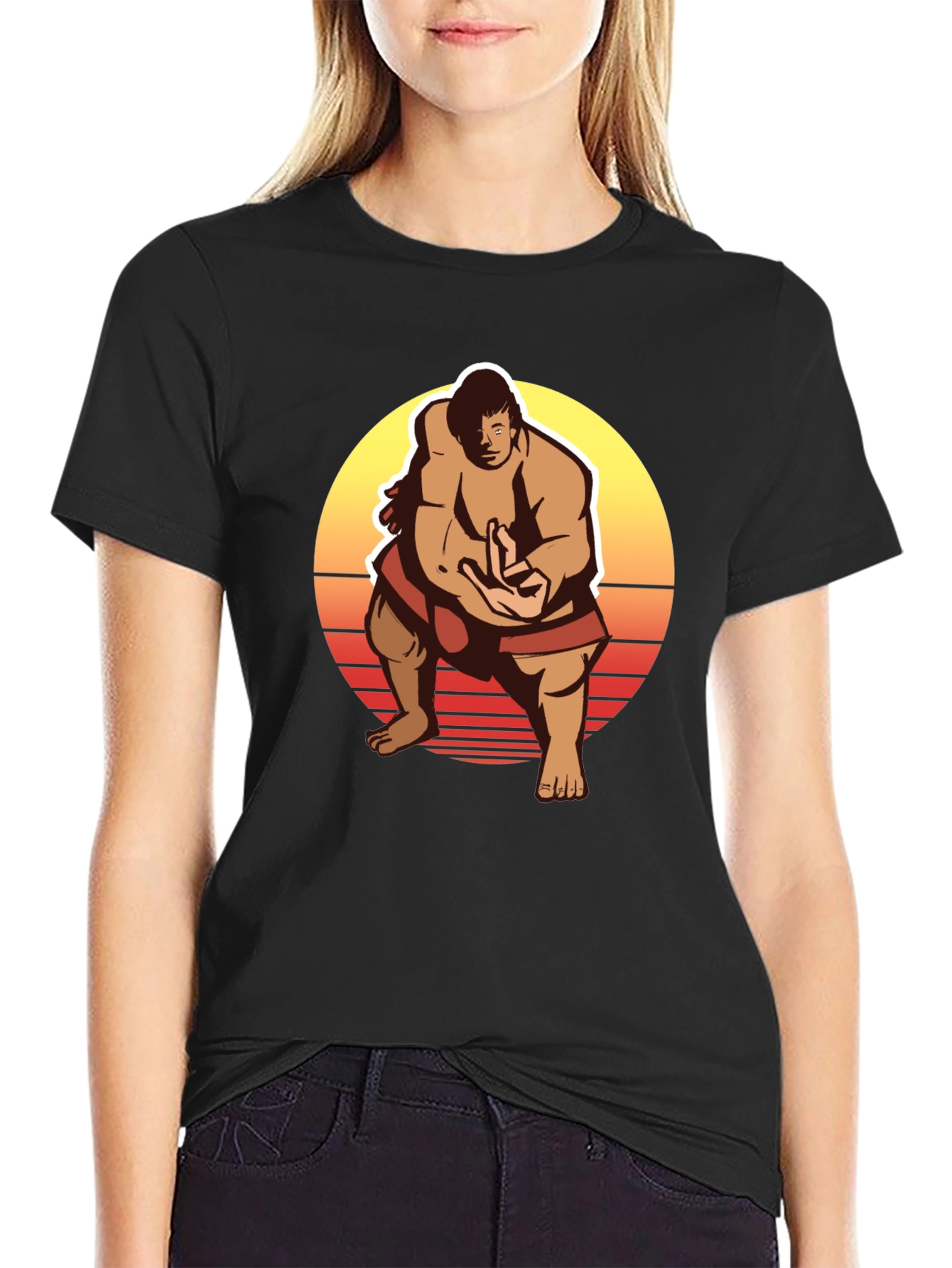 Retro Sumo Wrestler Graphic Tee - Black T-Shirt