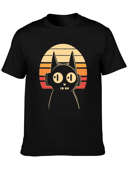 Retro Cat DJ Graphic Tee - Black Cotton T-Shirt