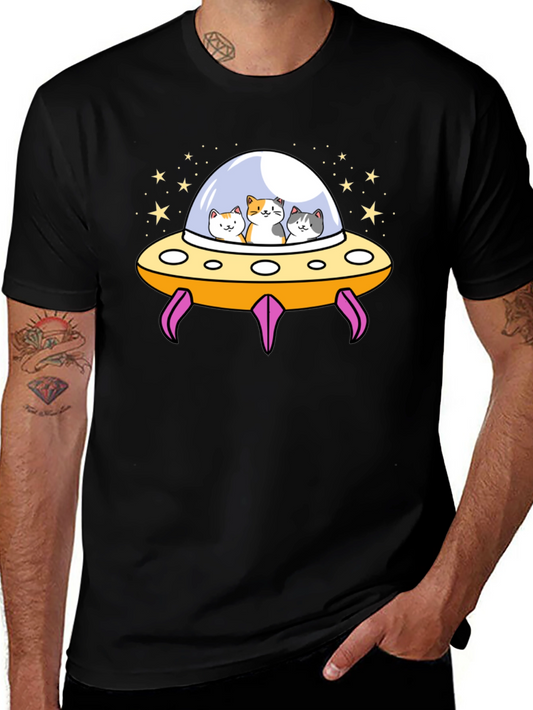 Cats in UFO T-Shirt - Black Graphic Tee