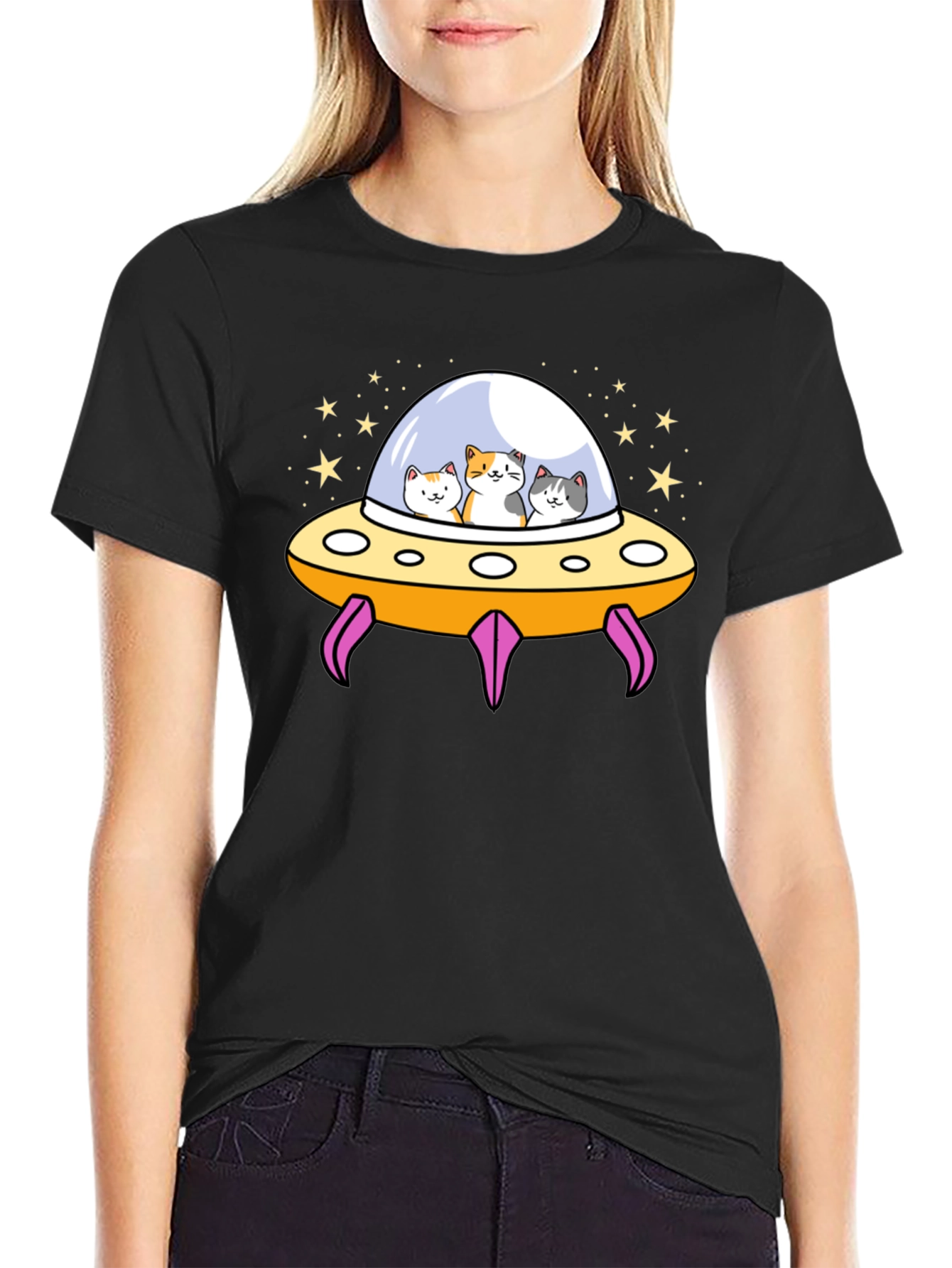 Cats in UFO T-Shirt - Black Graphic Tee