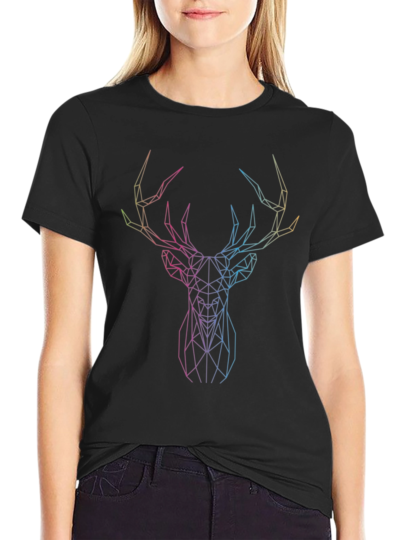 Geometric Deer Graphic Tee - Sleek Black Shirt