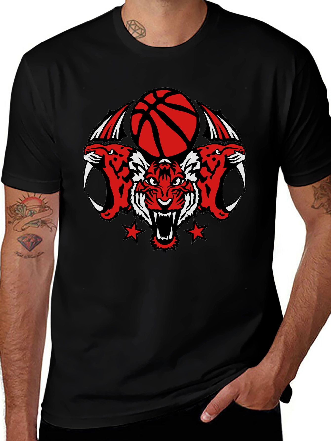 Tiger Basketball Graphic Tee - Black Cotton T-Shirt