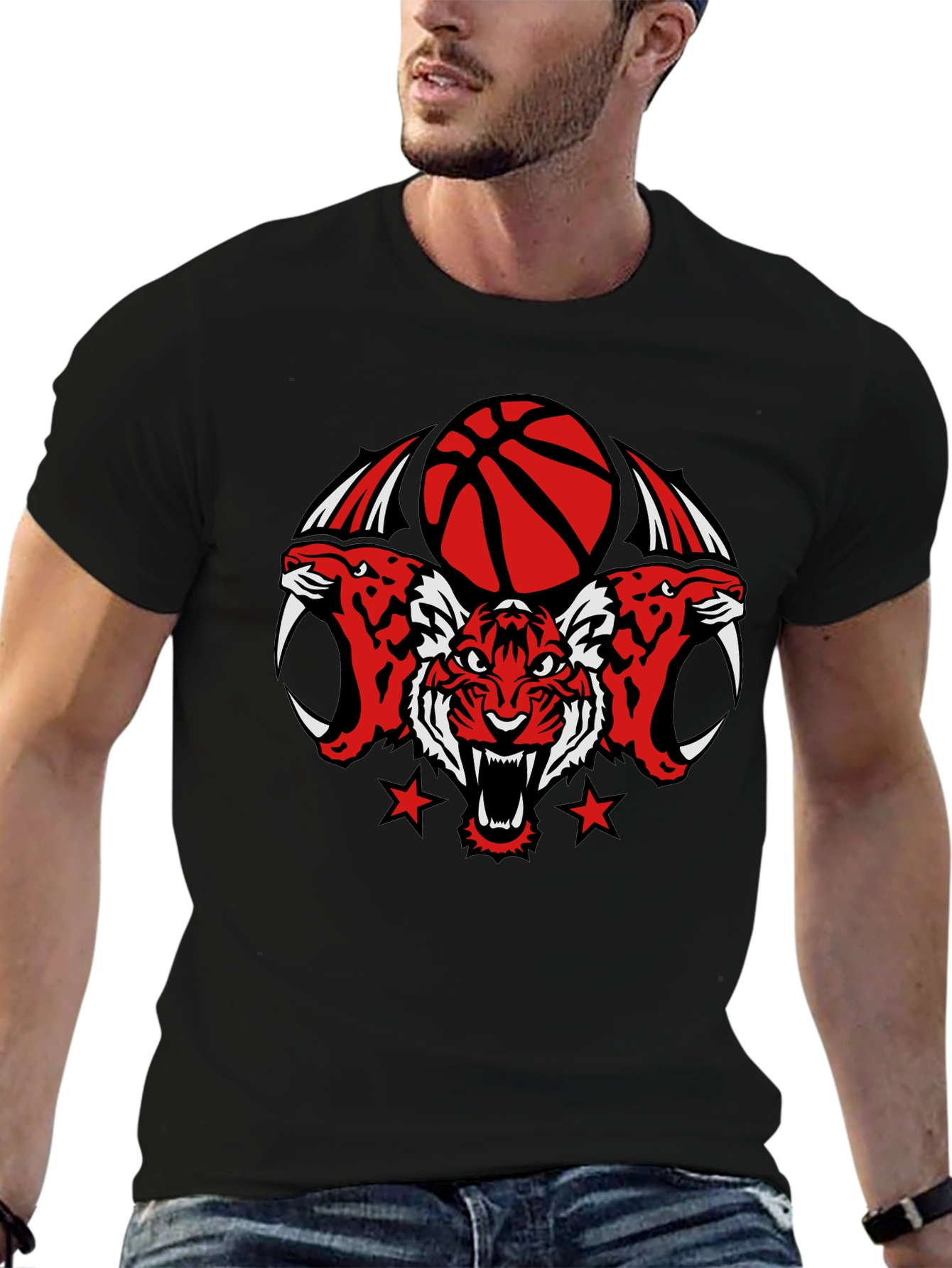 Tiger Basketball Graphic Tee - Black Cotton T-Shirt