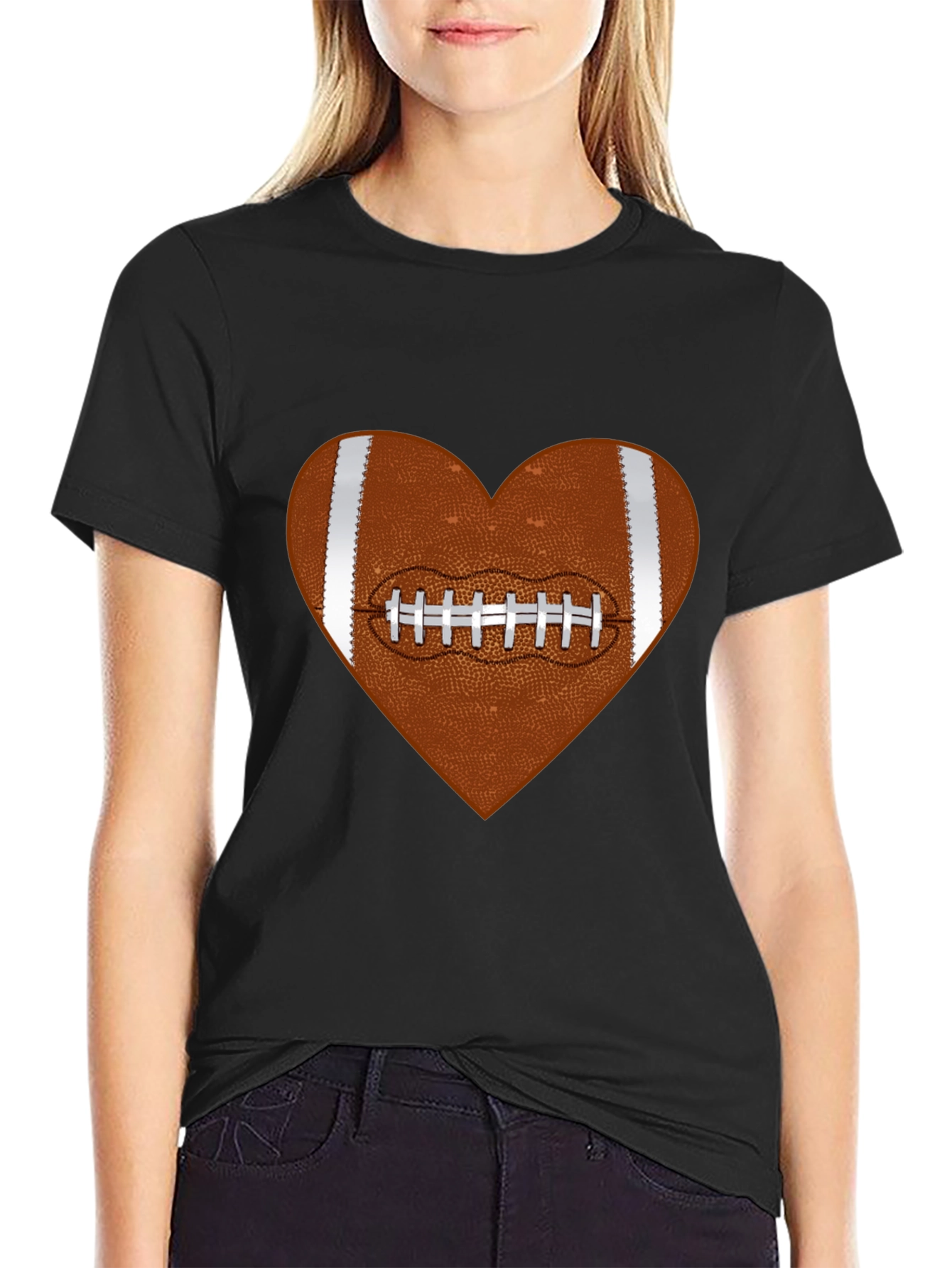 Football Heart Graphic Tee - Black Cotton T-Shirt
