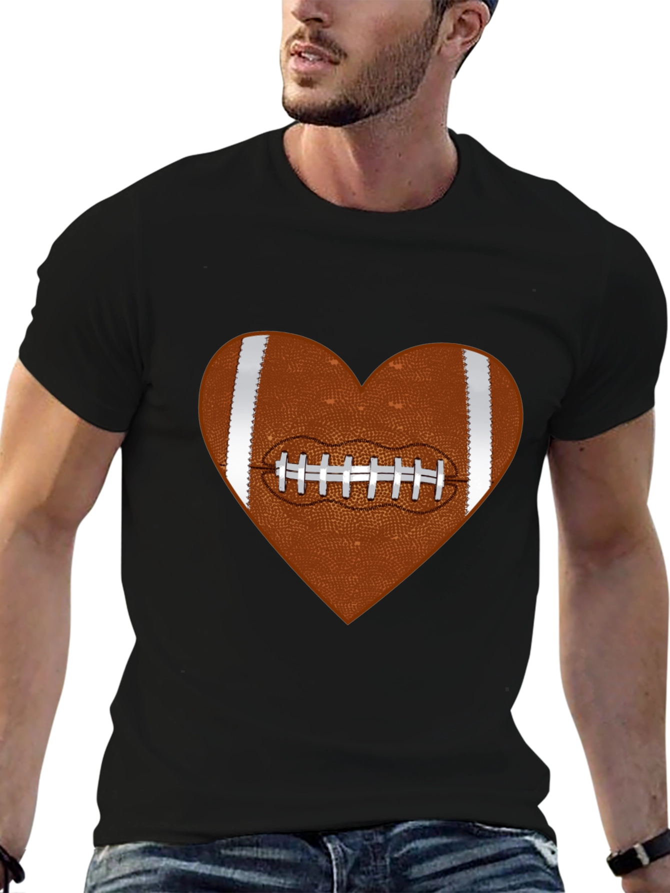 Football Heart Graphic Tee - Black Cotton T-Shirt