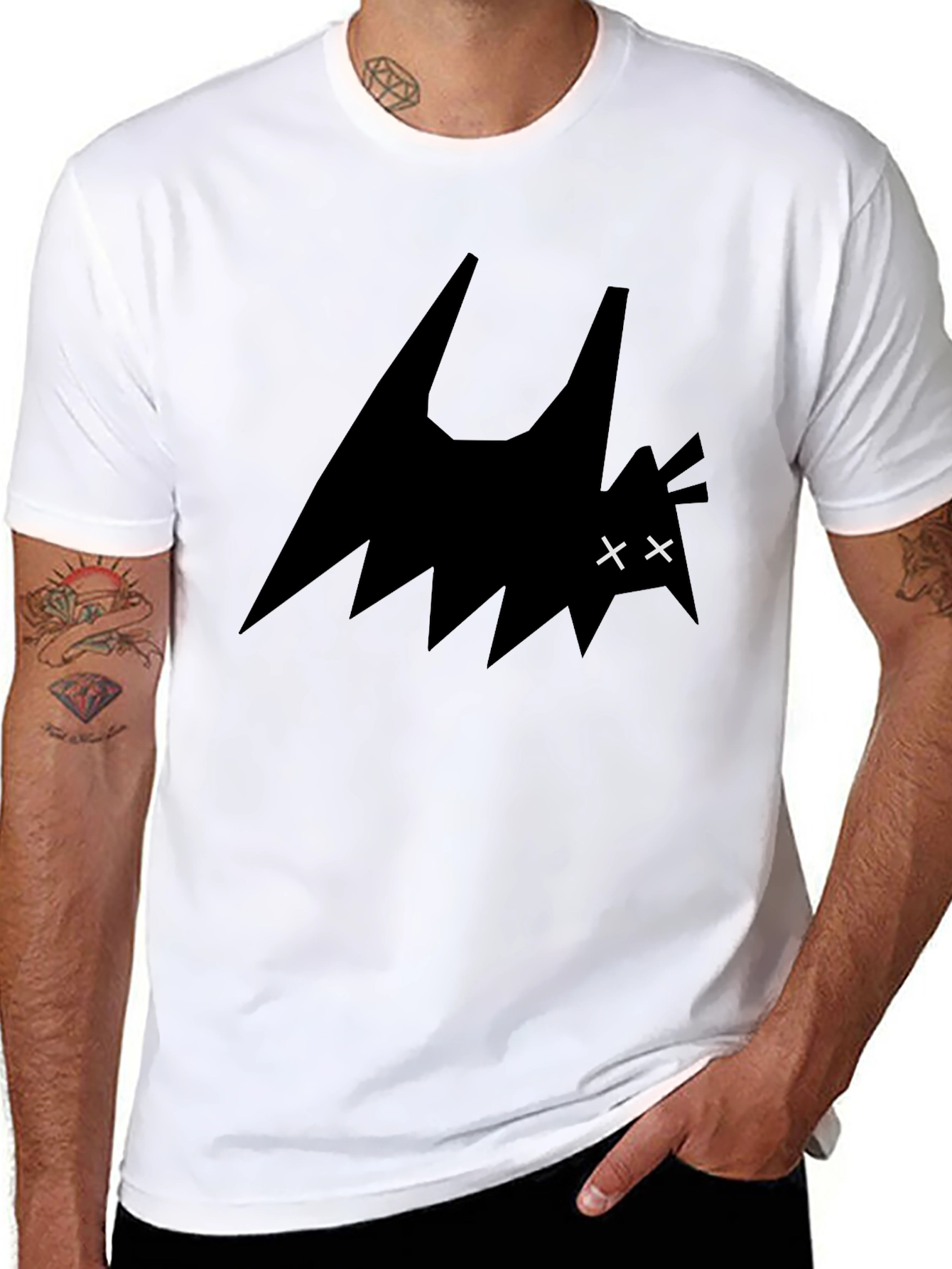 Mens Black Graphic Tee - Abstract Bat Design