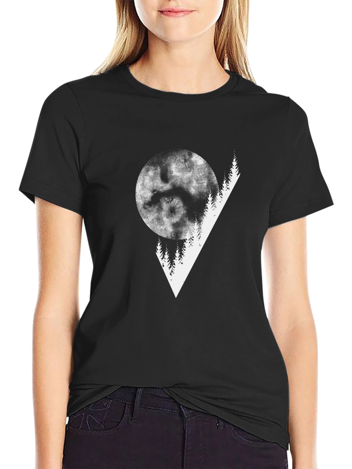 Abstract Moon & Trees Graphic Tee - Black