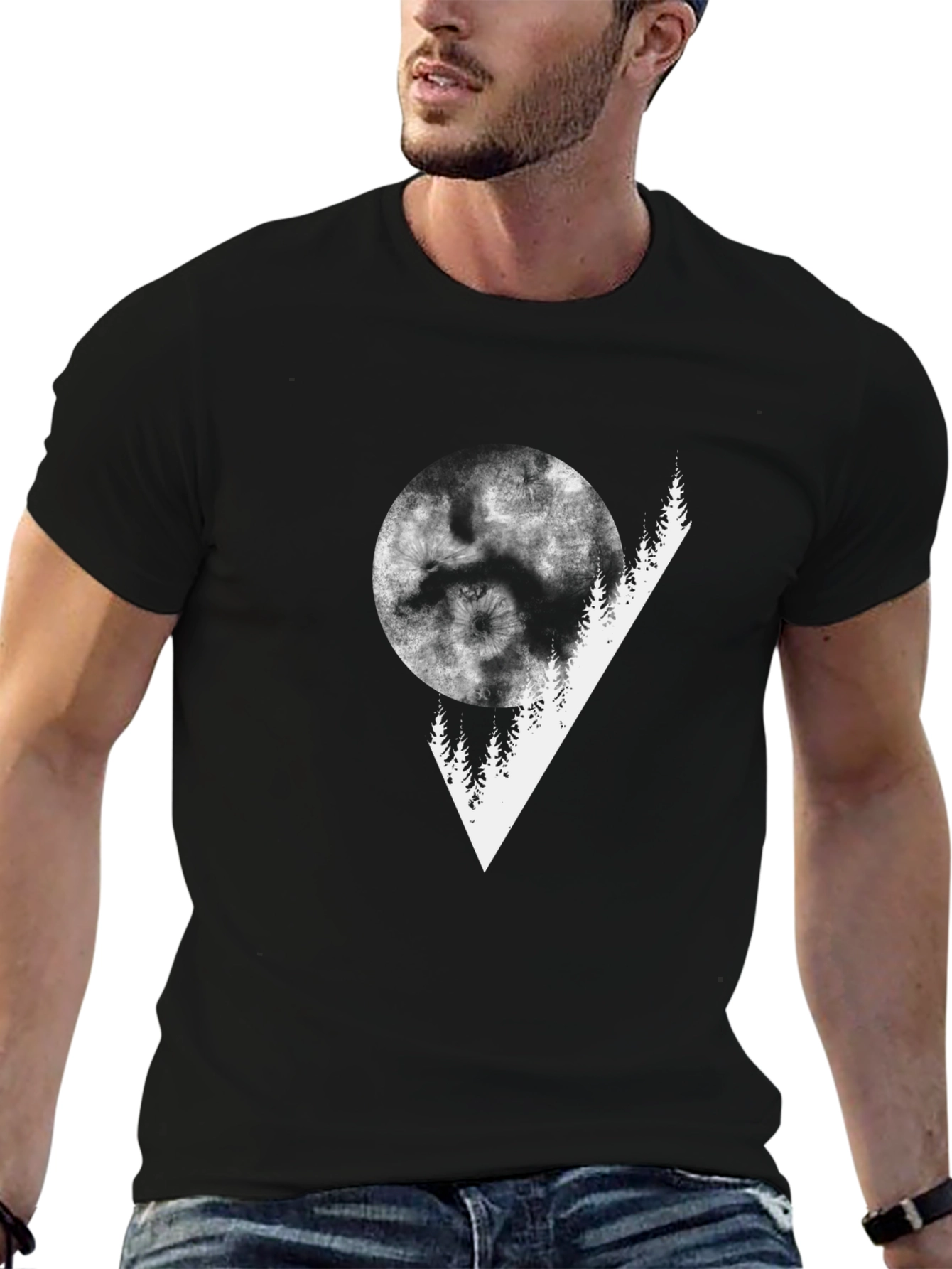 Abstract Moon & Trees Graphic Tee - Black