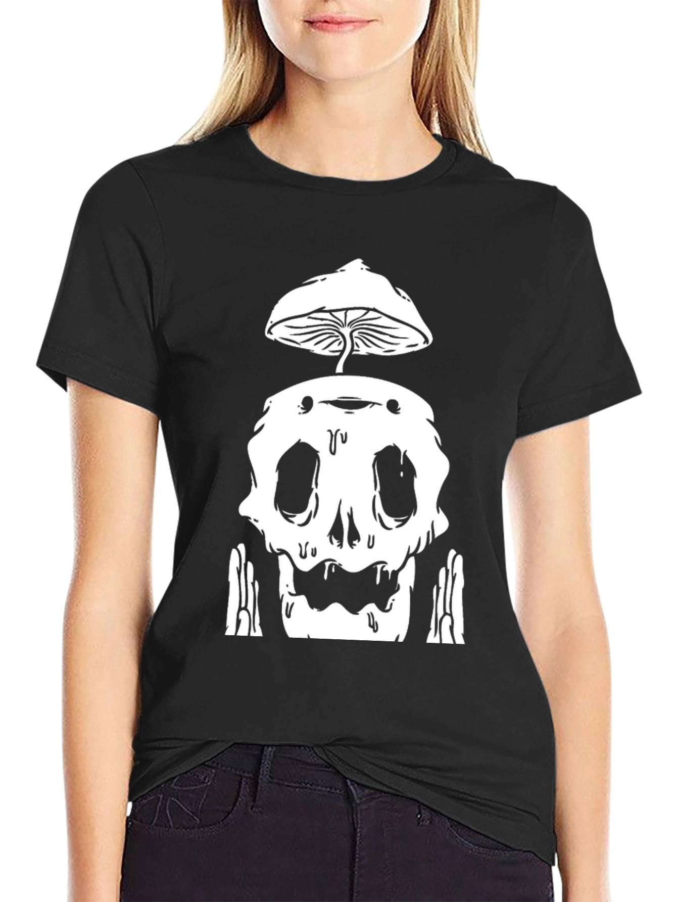 Mushroom Skull Graphic Tee - Black Cotton T-Shirt