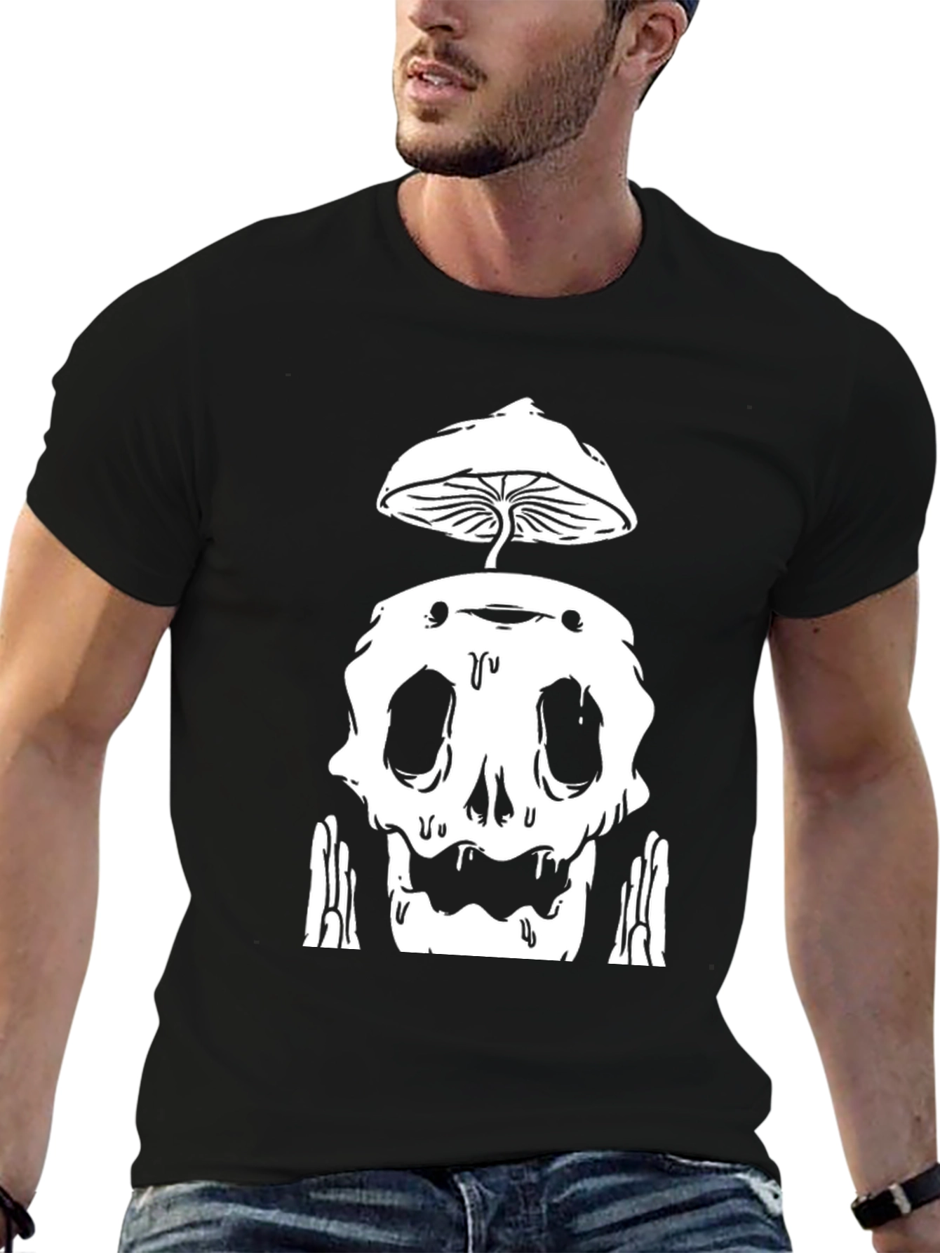 Mushroom Skull Graphic Tee - Black Cotton T-Shirt