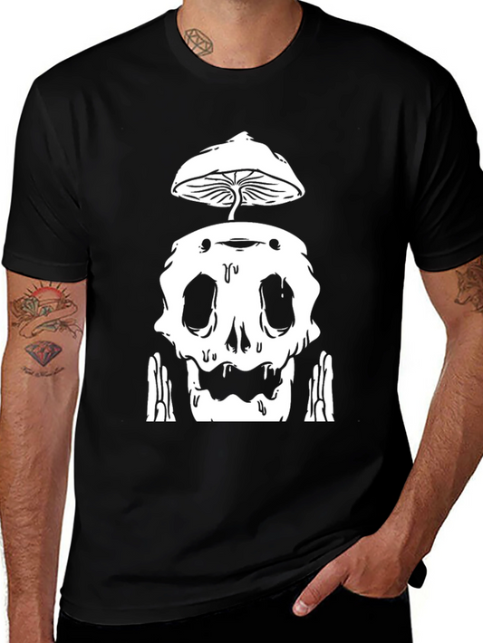 Mushroom Skull Graphic Tee - Black Cotton T-Shirt
