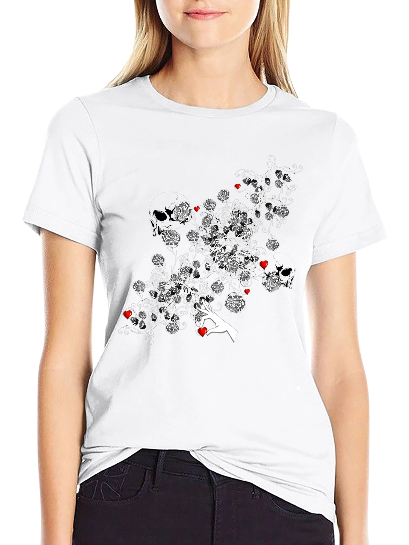 Floral Heart Tee - Stylish Black Graphic T-Shirt