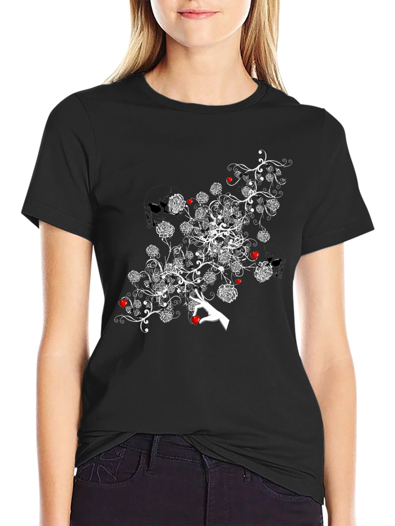 Floral Heart Tee - Stylish Black Graphic T-Shirt