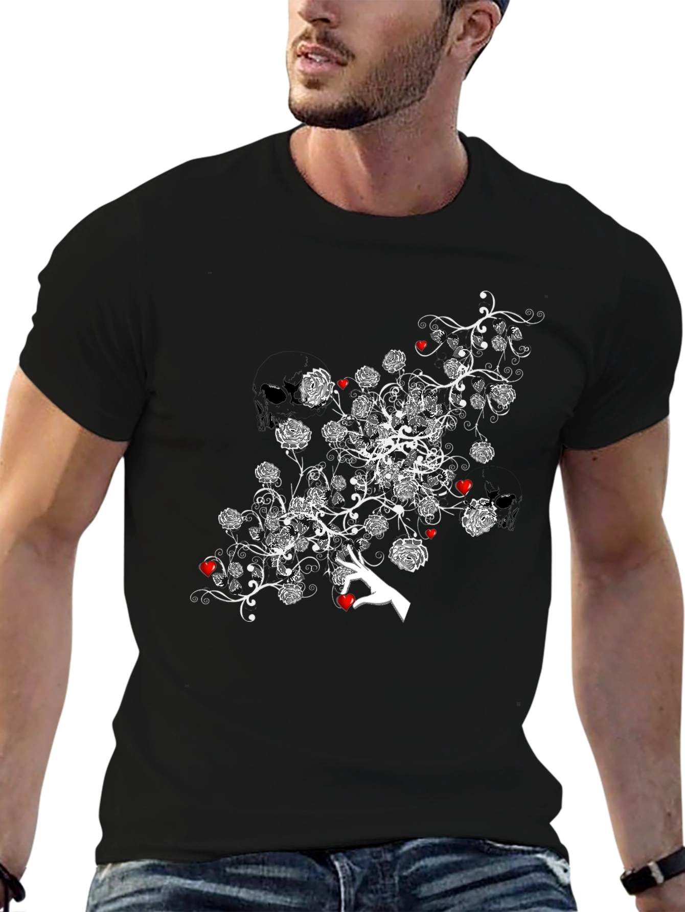 Floral Heart Tee - Stylish Black Graphic T-Shirt