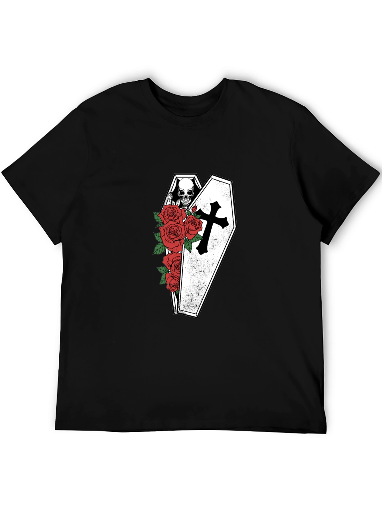 Skull in Coffin with Roses Graphic Tee - Black