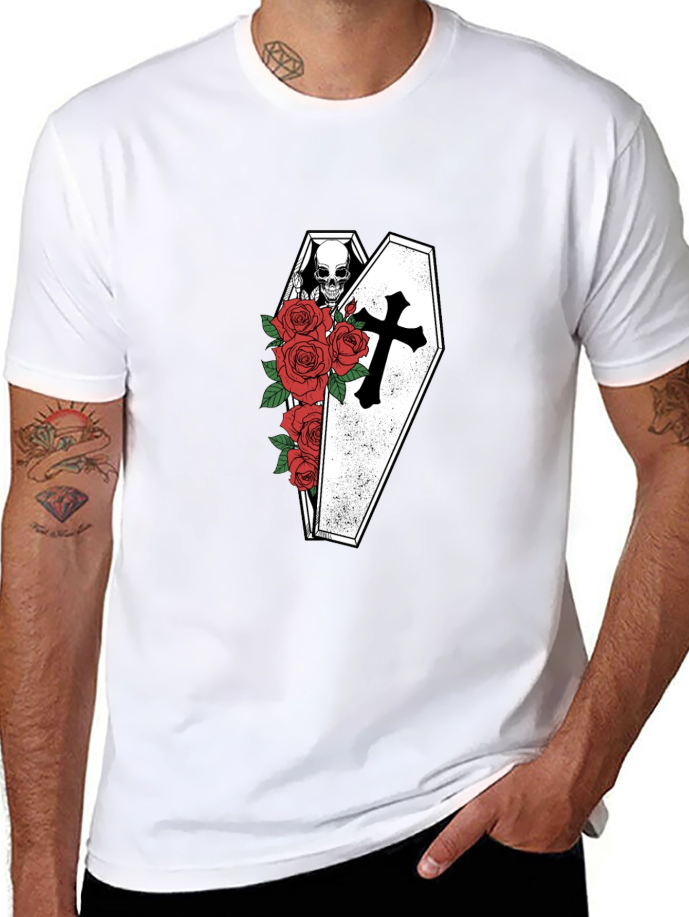 Skull in Coffin with Roses Graphic Tee - Black
