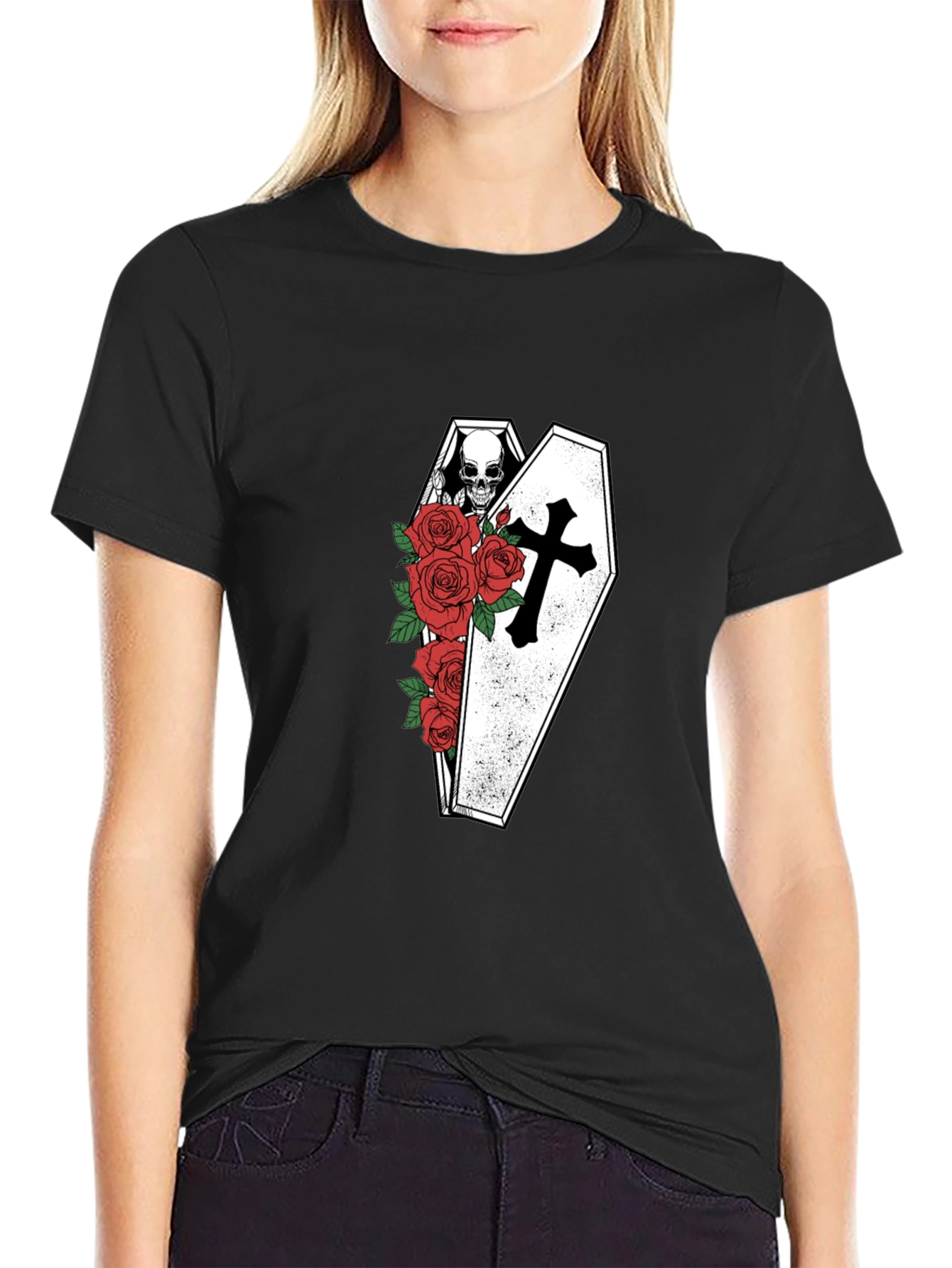Skull in Coffin with Roses Graphic Tee - Black