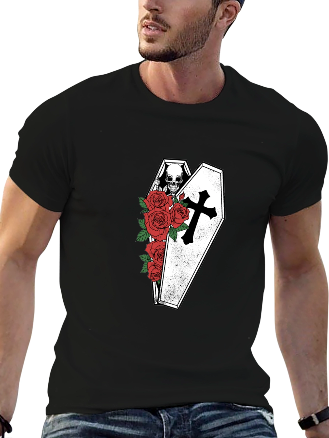 Skull in Coffin with Roses Graphic Tee - Black