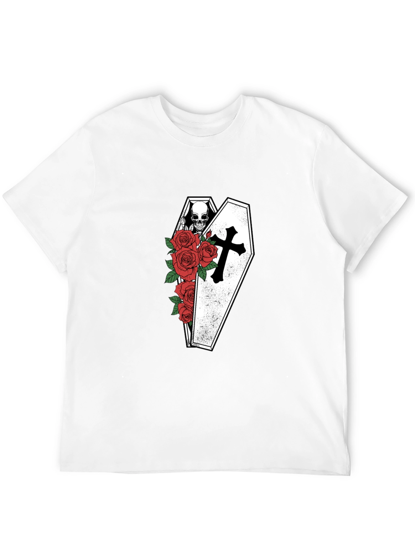 Skull in Coffin with Roses Graphic Tee - Black