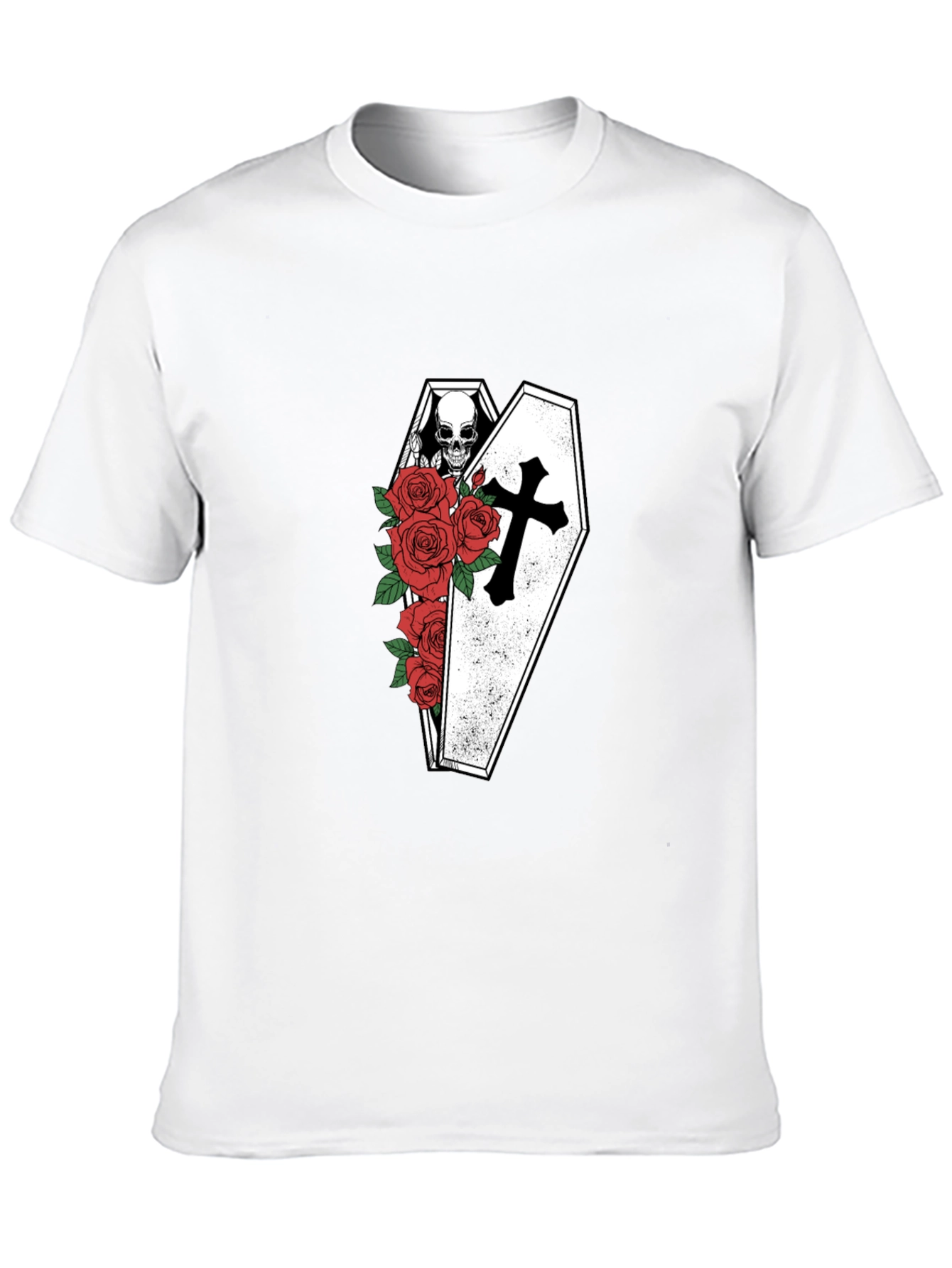 Skull in Coffin with Roses Graphic Tee - Black