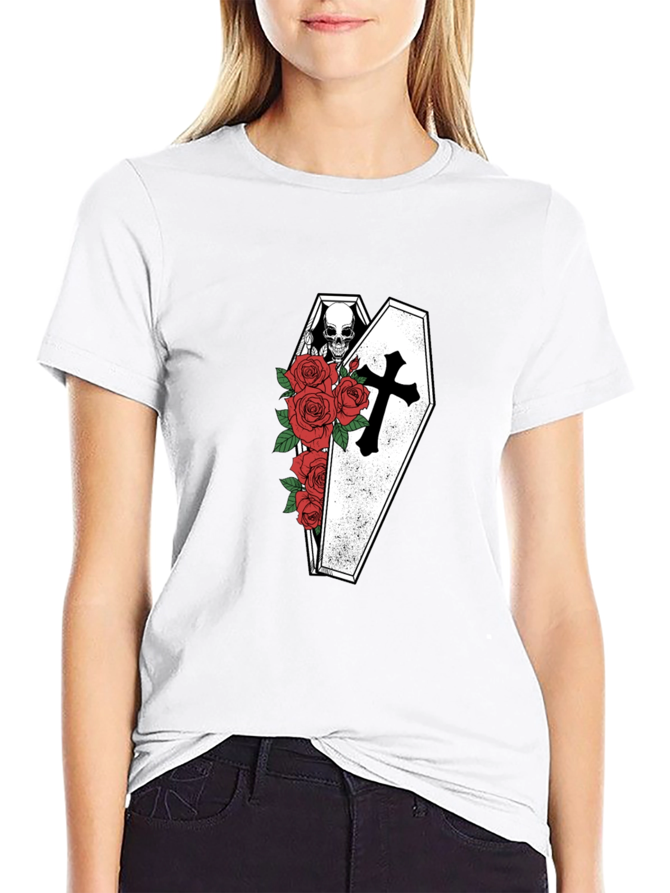 Skull in Coffin with Roses Graphic Tee - Black