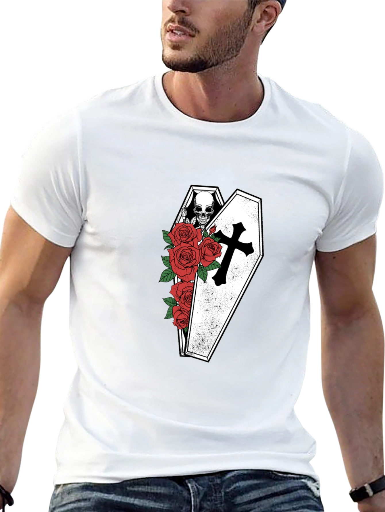 Skull in Coffin with Roses Graphic Tee - Black