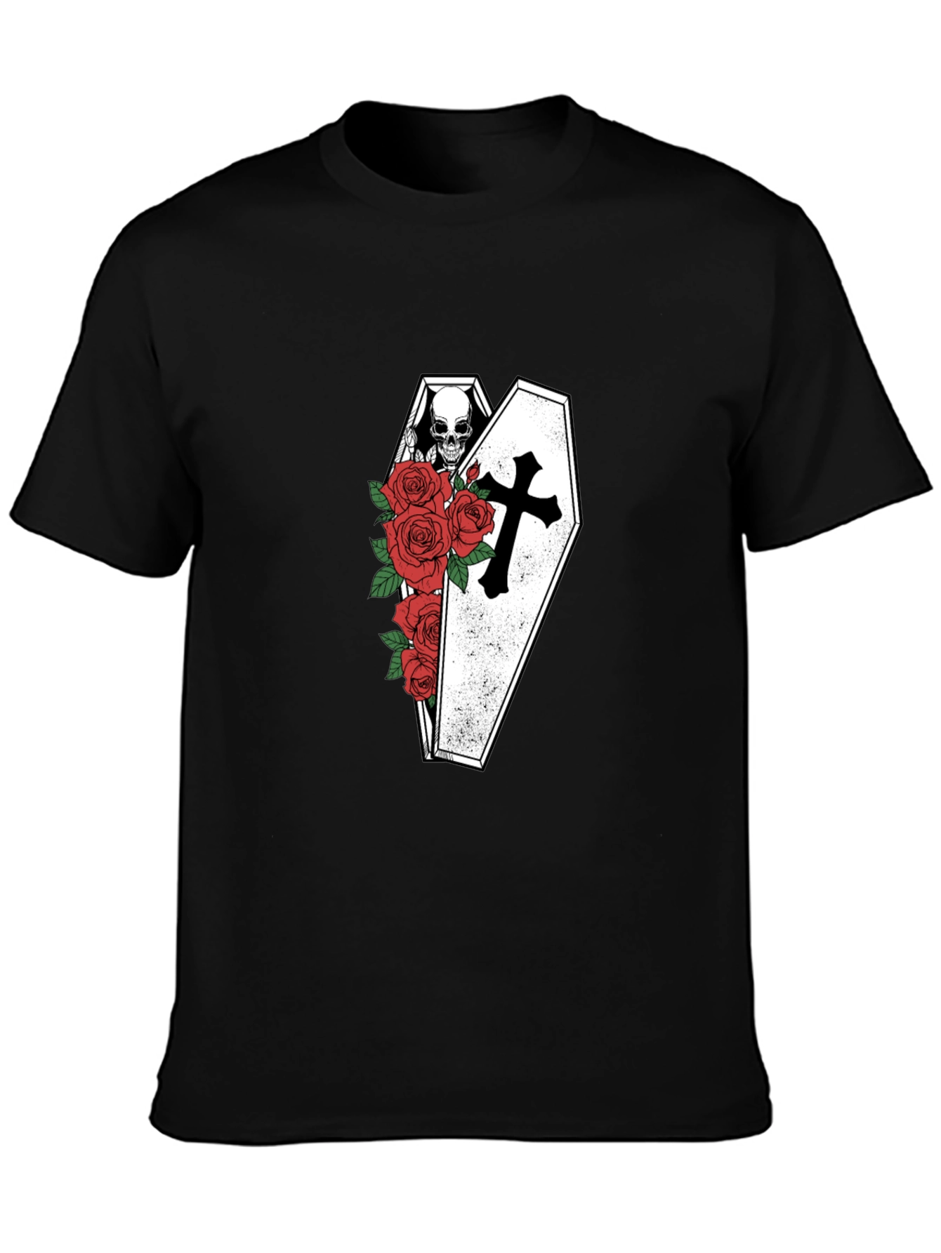 Skull in Coffin with Roses Graphic Tee - Black